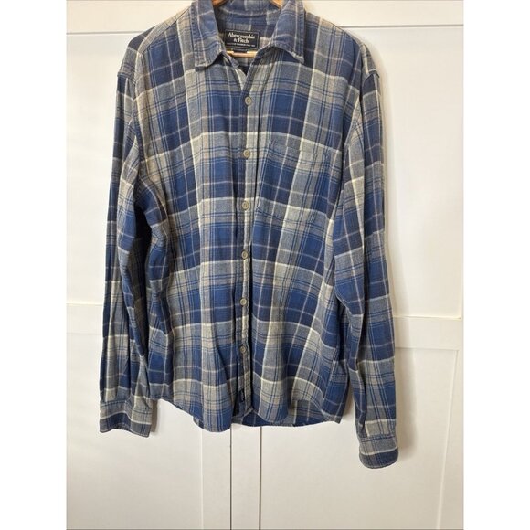 Abercrombie & Fitch Flannel Men Size Large Plaid Button Front Shirt Blue Brown - Picture 9 of 11